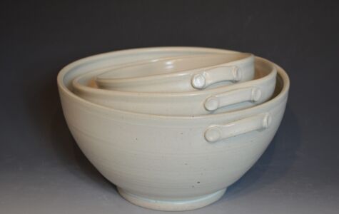 Set of 3 White Mixing Bowls with Handles, 11", 9 1/2" & 7" W, - Sold